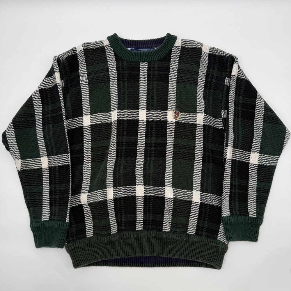 Tommy Hilfiger Mens Large Sweater Green Plaid Crest Logo Cotton Knit Crewneck